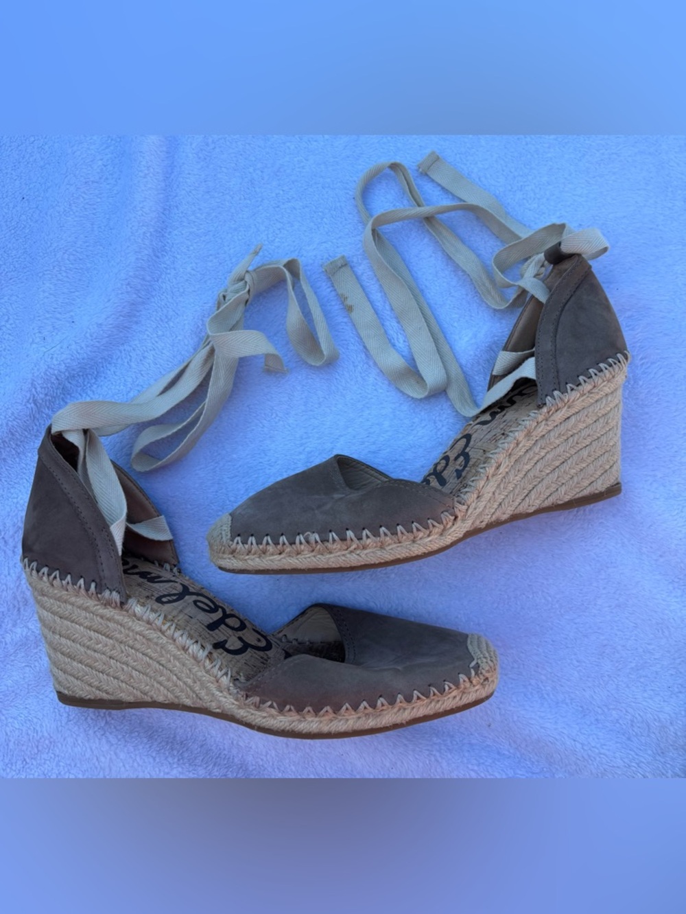 Sam Edelman Taupe Suede Espadrille Wedge Sandals with Ankle Ties